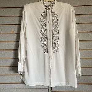 Jacqueline Ferrar L/S Top Shirt Blouse Button Up White W/Silver Embroidery VTG